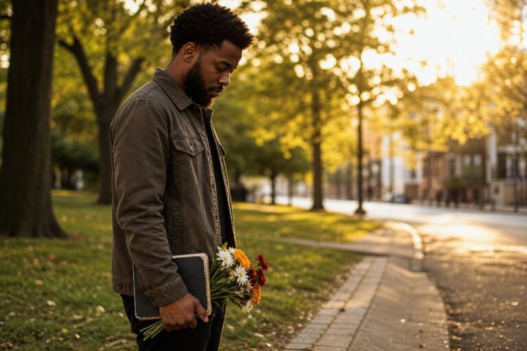 Man holding flowers and a notebook in tribute to Gil Scott-Heron.