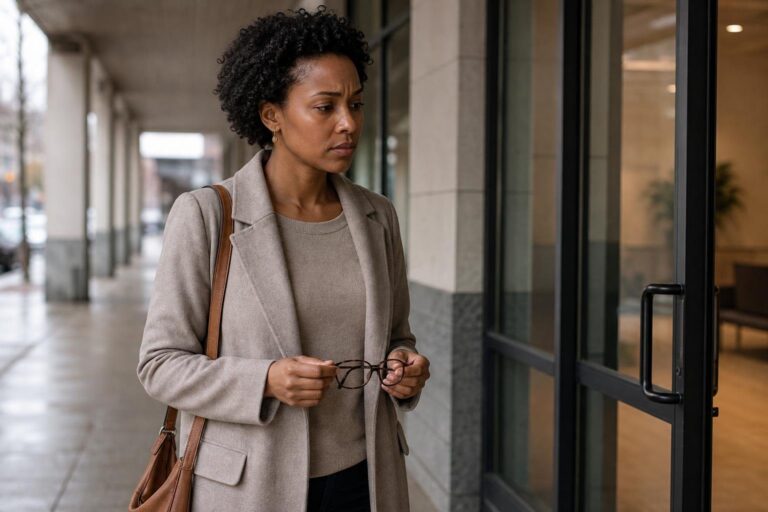 Black woman outside an eye clinic preparing for a glaucoma exam.