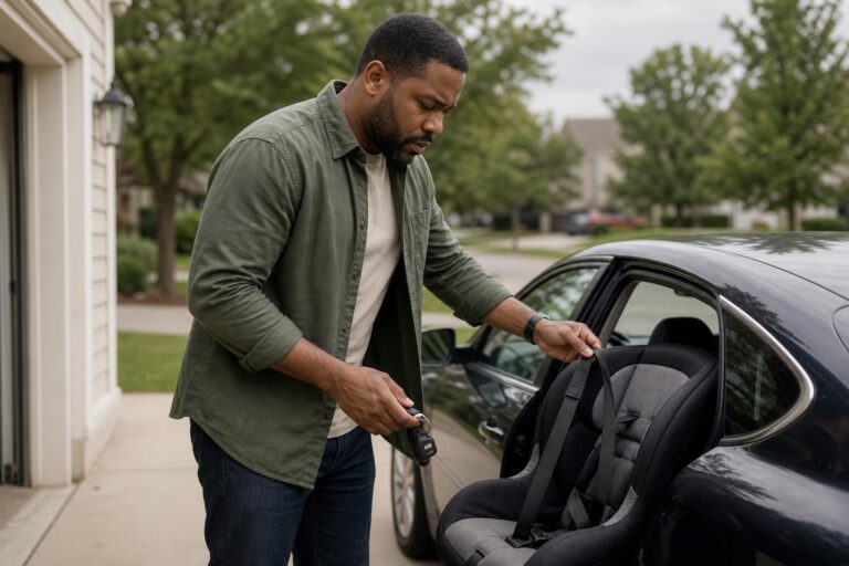Black father checks a child car seat before grandparents drive, considering grandparents as safest drivers.