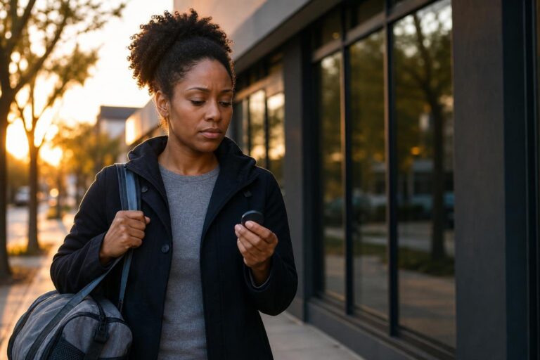 Woman considers canceling her gym membership outside a fitness studio at sunset.