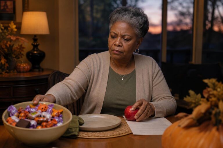 Older Black woman weighs Halloween sweets against an apple at a warmly lit table.