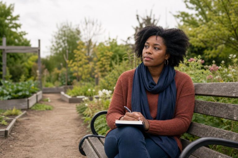 Black woman outdoors preparing ideas to become a health condition blogger.