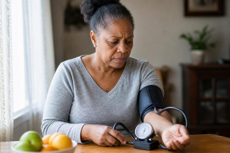 Concerned Black woman checks her blood pressure at home without health insurance.