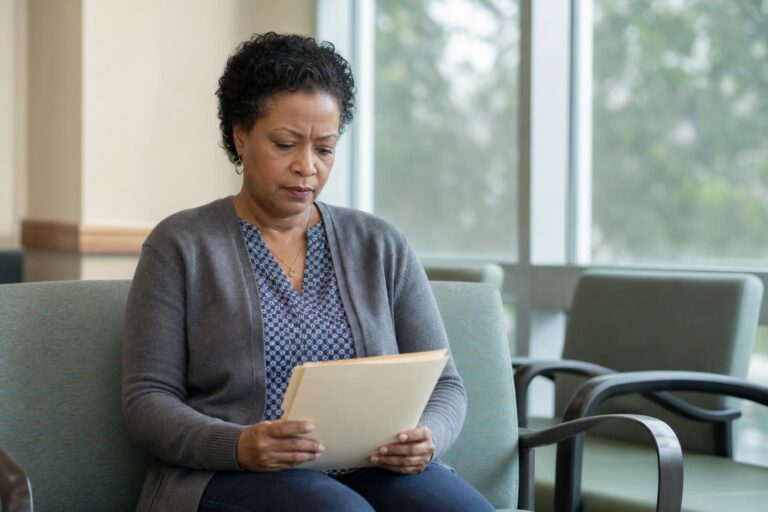 Black woman waits alone in a clinic, quietly considering how health reform may affect her care.