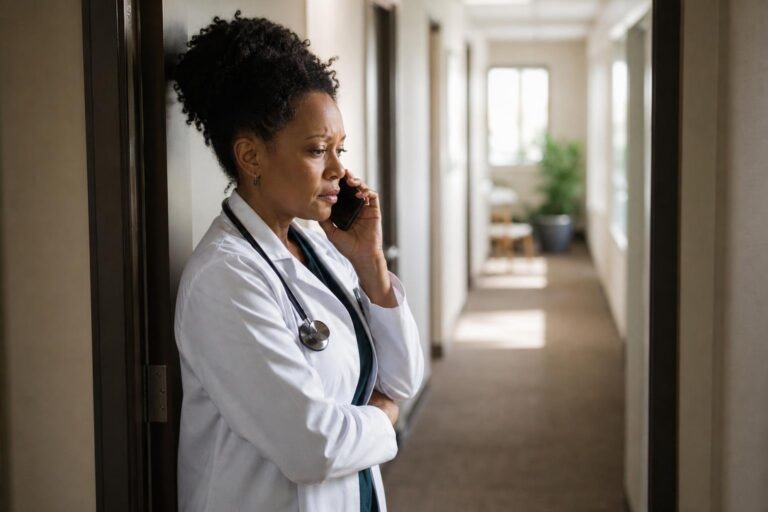 Black physician makes a concerned call in a hallway about proposed healthcare cuts to Medicare.