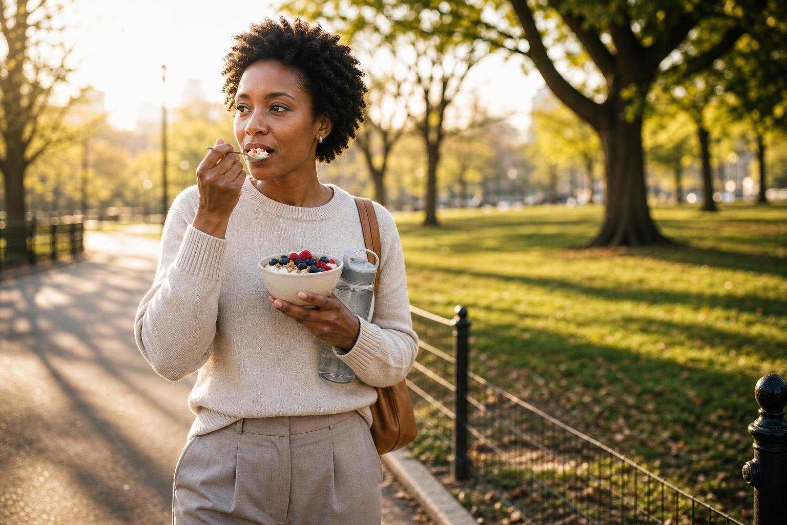 Black woman enjoys a healthier morning meal of oats and fruit beside a neighborhood park path.