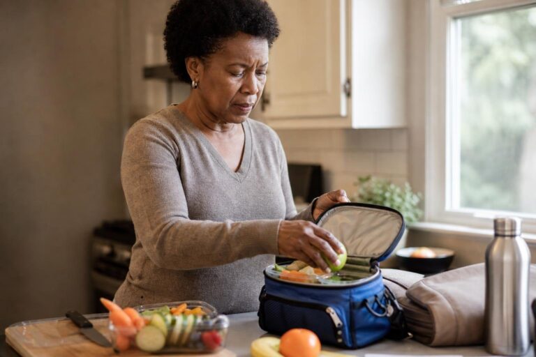 Black woman packing fruit and vegetables for healthier travel eating.