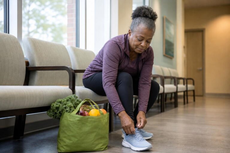 Woman tying walking shoe beside fresh produce for healthy eating and lifelong fitness.