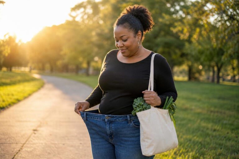 Black woman after a park walk adjusts her jeans while carrying fresh produce for healthy weight loss.