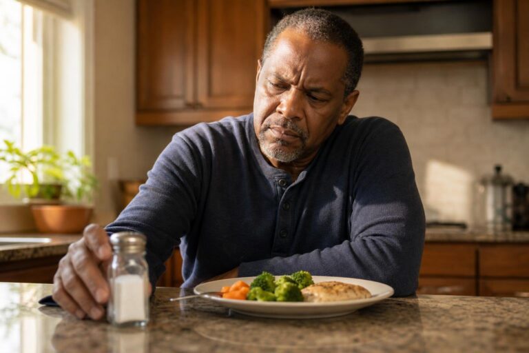 A concerned middle-aged Black man sets aside a salt shaker while considering heart attack risk.