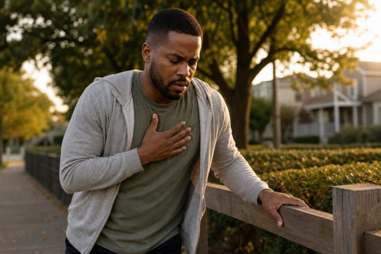 Young Black man pauses on a park-side walk with concern about heart failure.
