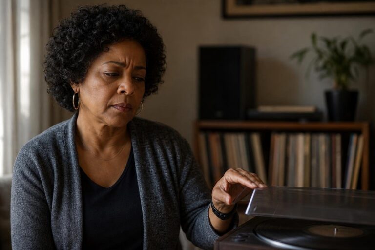 Concerned Black woman beside a record player reflects on Sylvia Robinson’s heart failure death.