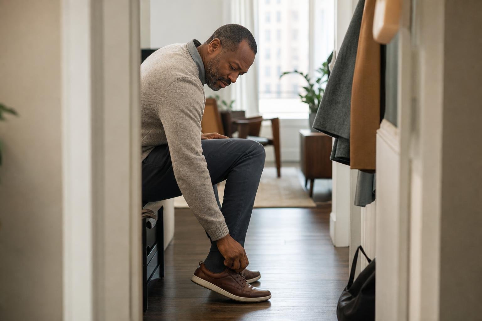 Over-the-shoulder view of a concerned man noticing a tight shoe, a possible heart problem warning sign.