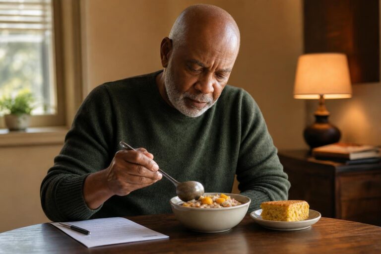 Older man serves hearty white chili with mango and cornbread at a warmly lit table.