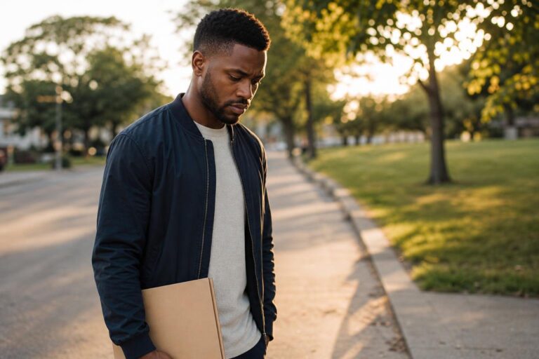 A concerned young Black man pauses beside a park path, reflecting on hepatitis B awareness.