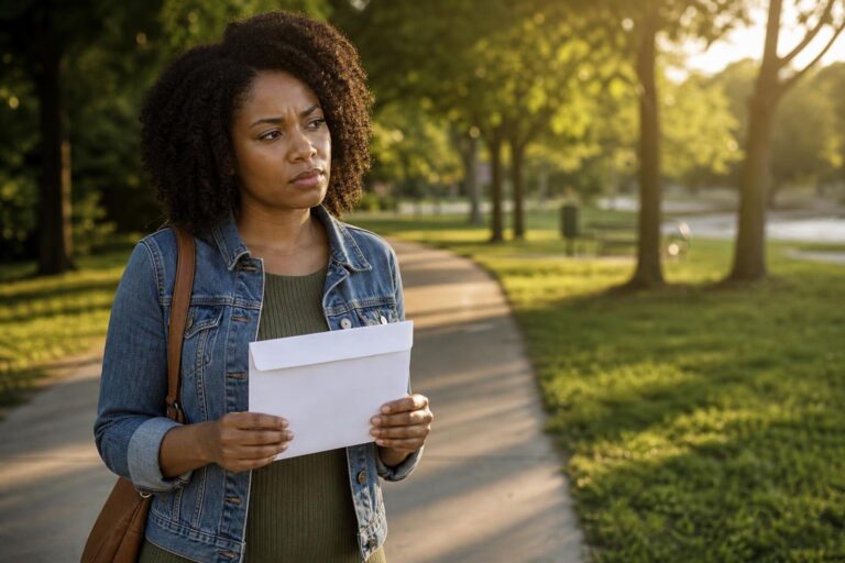 Young Black woman considers hepatitis C screening information while walking near a park.