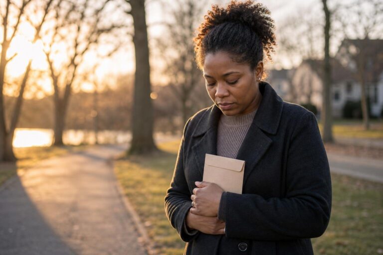 Woman coping with chronic hepatitis C pauses beside a neighborhood park.