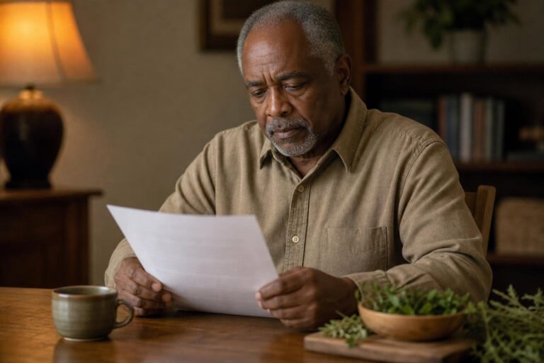 Older man considers natural remedies for hepatitis C at a warmly lit table.