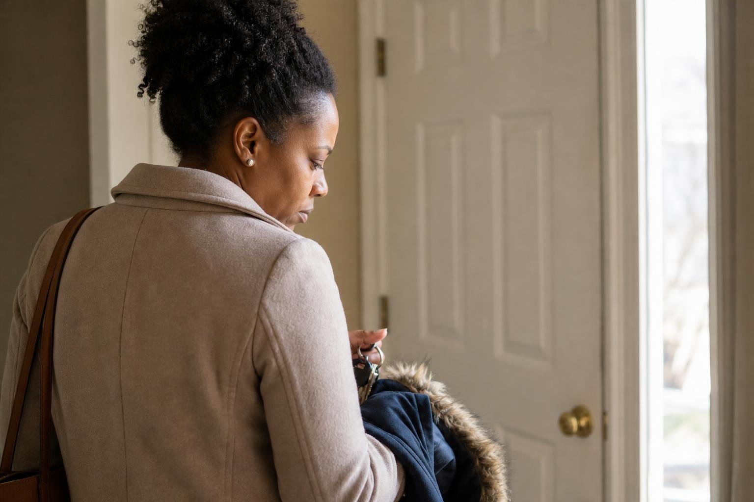 Concerned mother prepares to leave home for her child’s Hib vaccination appointment.