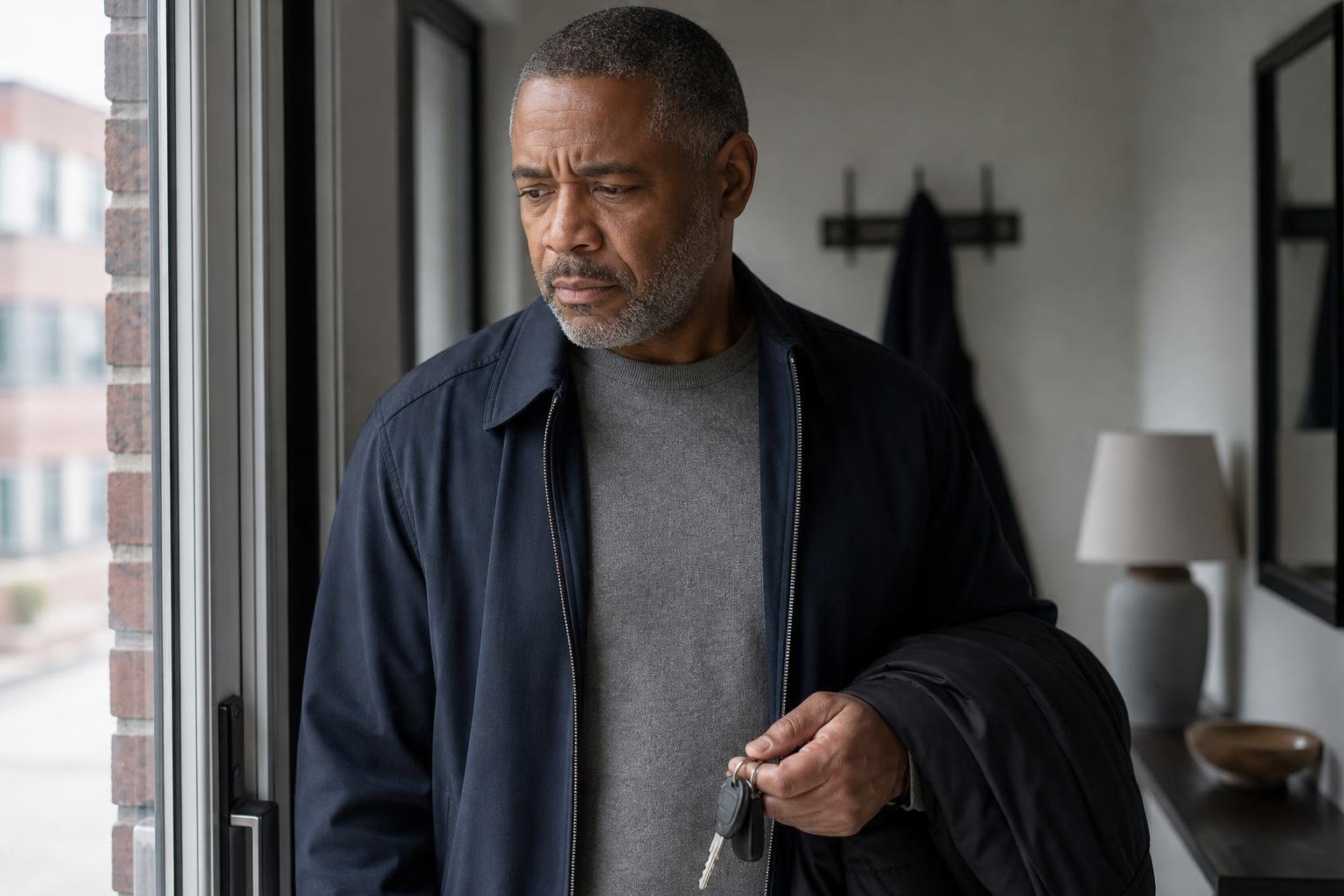Concerned middle-aged Black man pauses before a routine high blood cholesterol check.