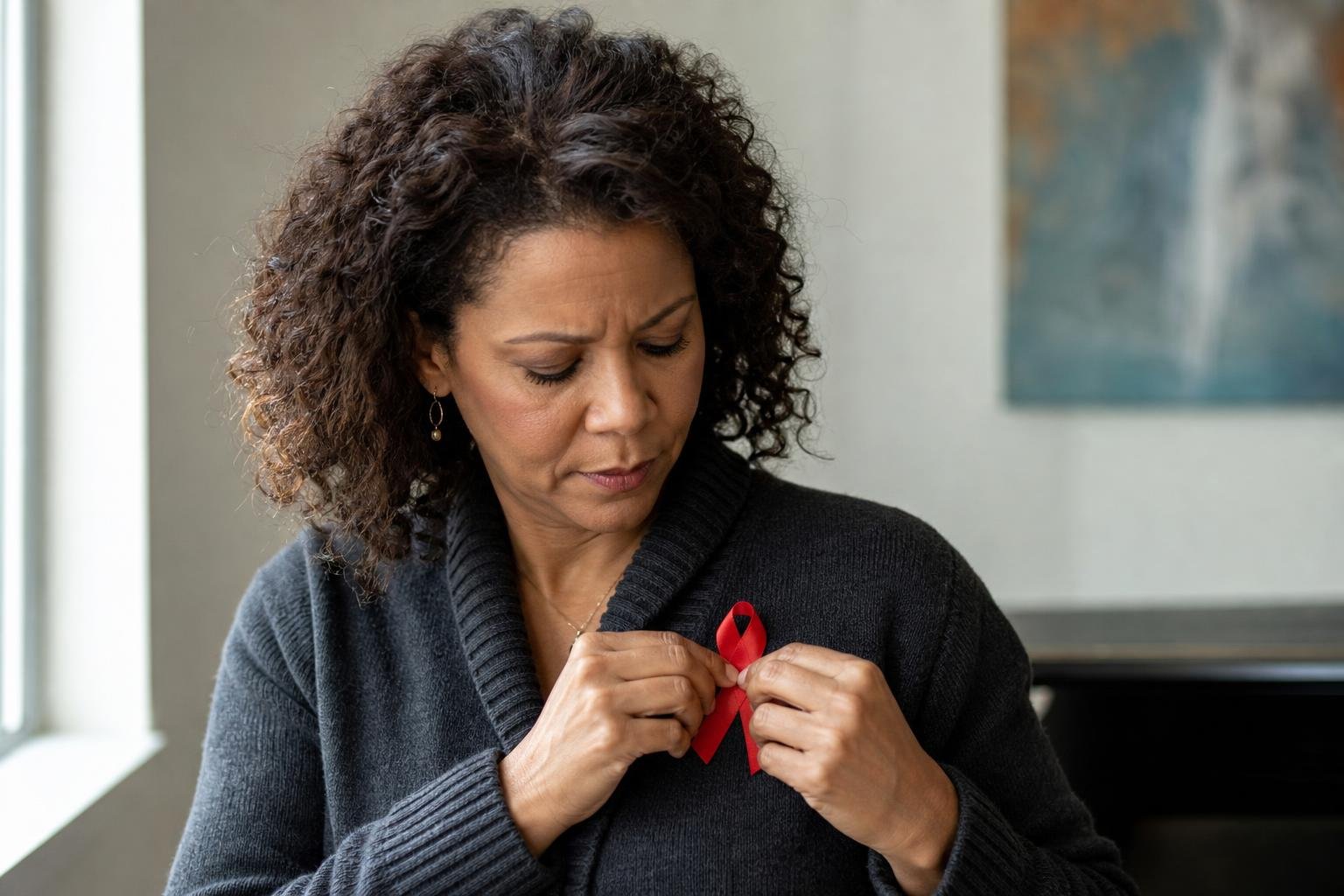 Gloria Reuben fastens a red ribbon before an HIV/AIDS advocacy appearance.