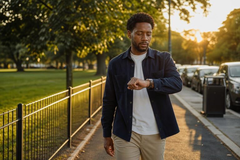 Black man living with HIV checks his watch while walking beside a neighborhood park at sunset.