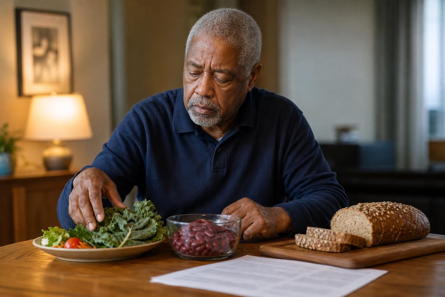 Older Black man considers HIV nutrition choices while arranging wholesome food at a table.
