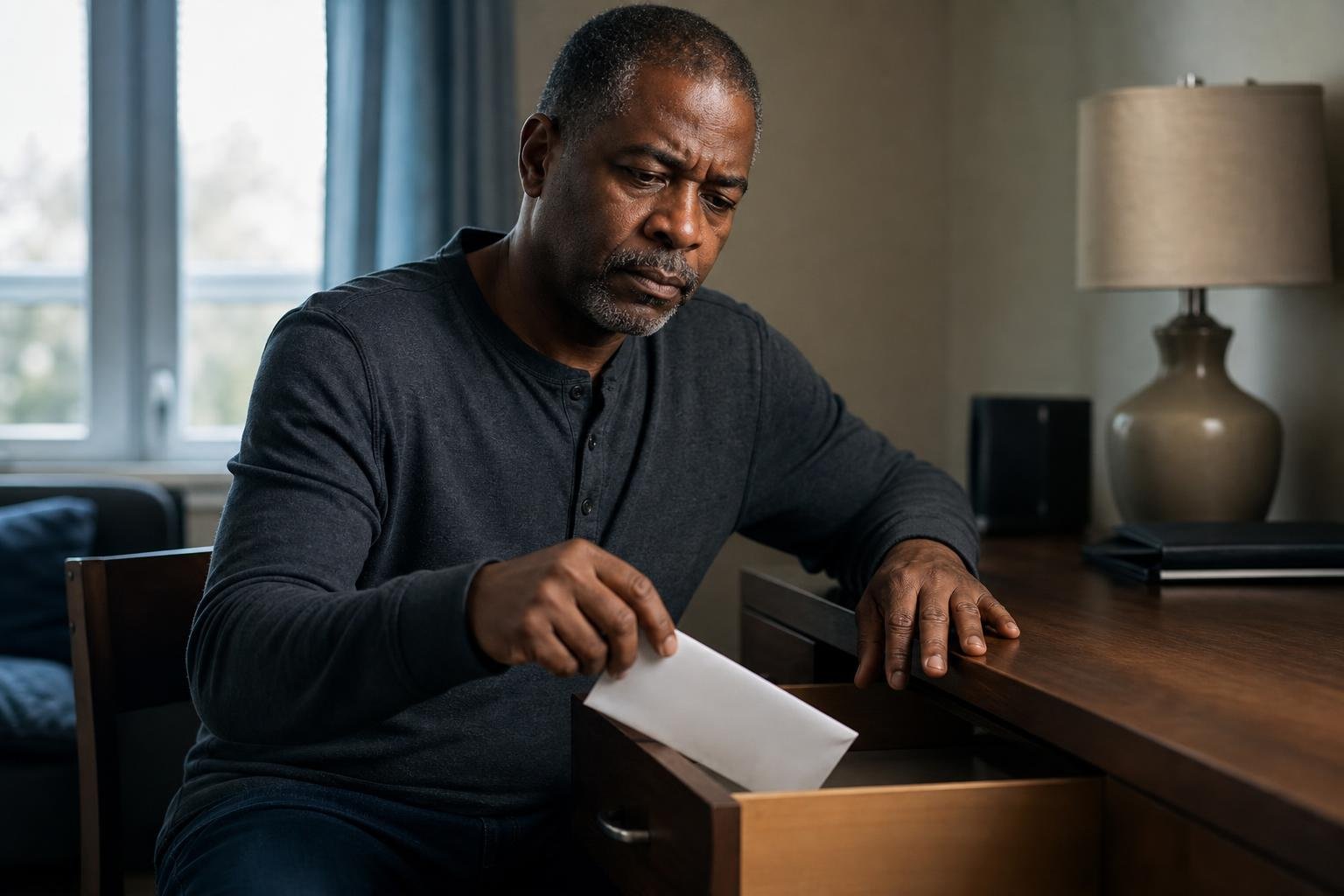 Concerned Black man privately puts away an envelope near a window while reflecting on HIV.