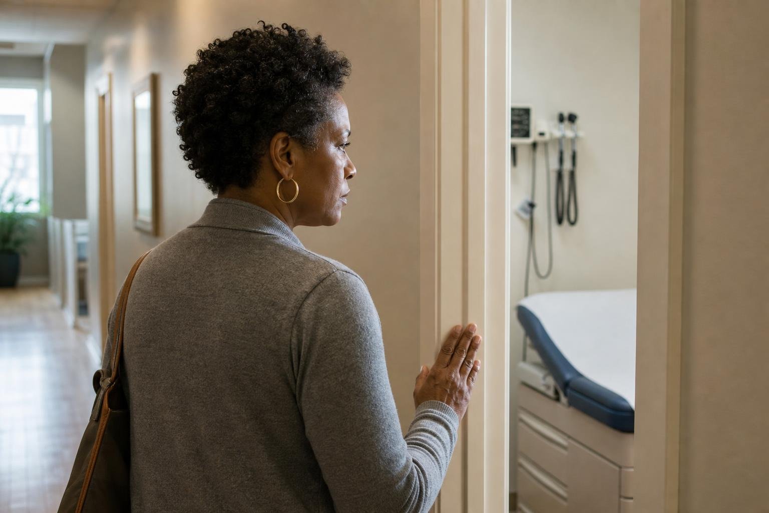 Black woman pauses at a clinic doorway, concerned about HIV infection risk from medical procedures.
