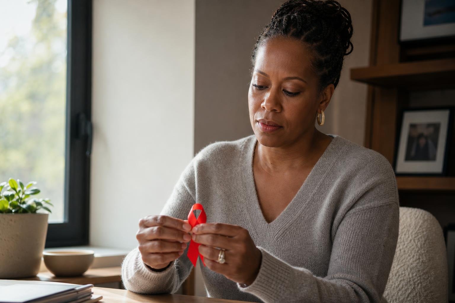 Regina King reflects by a window while holding an HIV/AIDS awareness ribbon.