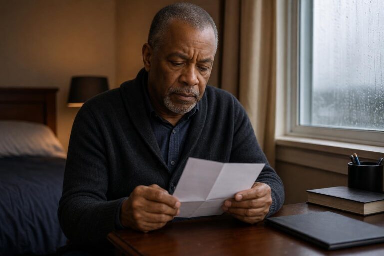 Concerned older Black man considers HIV risks of oral sex beside a bedroom window.