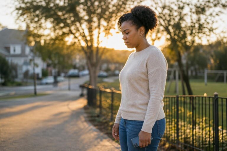 Black woman considers HIV status disclosure while standing beside a neighborhood park at sunset.