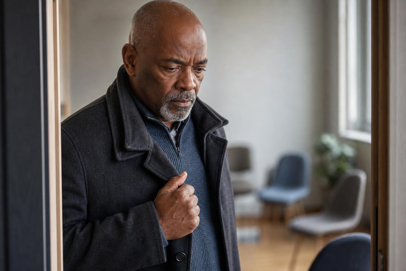 Concerned middle-aged Black man living with HIV pauses beside a window at a support center.