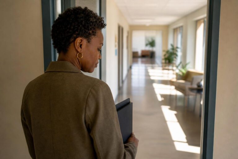 Over-the-shoulder view of a Black woman considering HIV vaccine research in a clinic hallway.