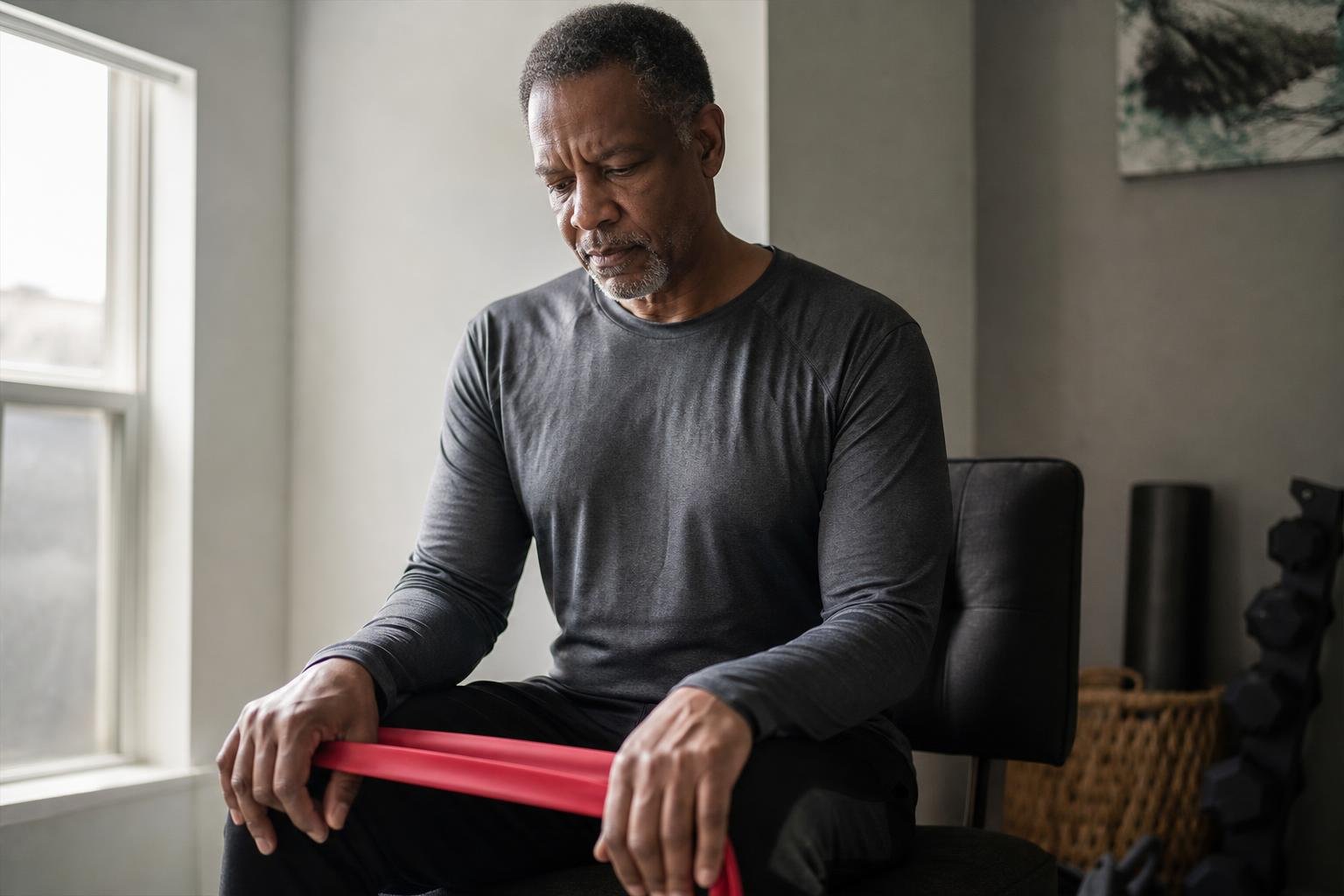 Black man pauses during an indoor workout while managing HIV, looking thoughtfully at a resistance band.