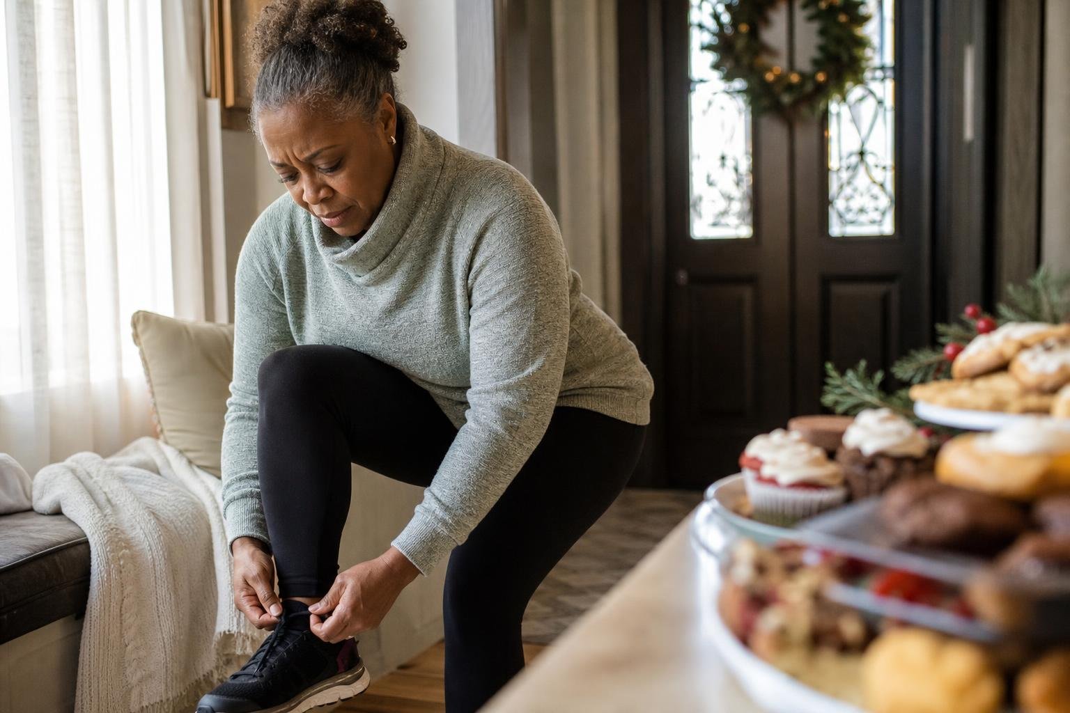 Black woman lacing walking shoes indoors to burn off holiday treats after a festive meal.