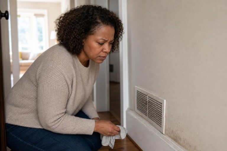 A woman checks a dusty hallway air vent for hidden home health hazards.