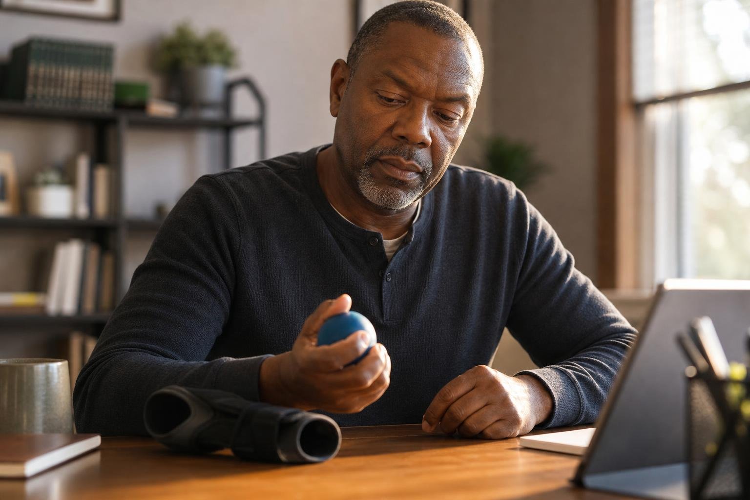 A Black man with psoriatic arthritis holds a therapy ball at his desk, reflecting on Humira.