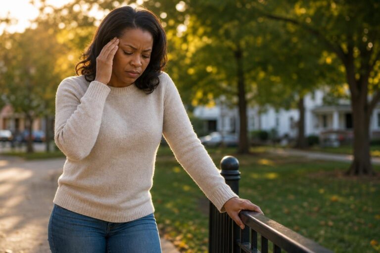Black woman steadies herself by a park railing during vertigo linked to Janet Jackson’s health crisis.