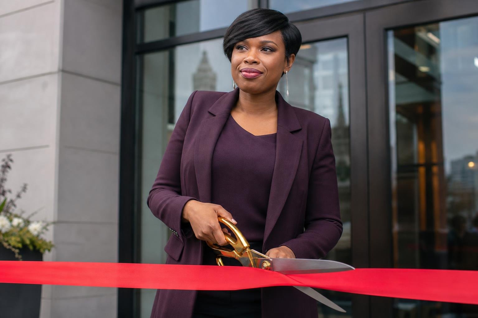Jennifer Hudson cuts a ribbon outside a Chicago weight loss center opening.