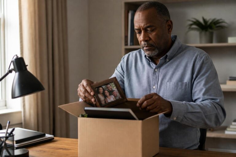Black man coping with job loss as he packs a family photo into a box at his desk.