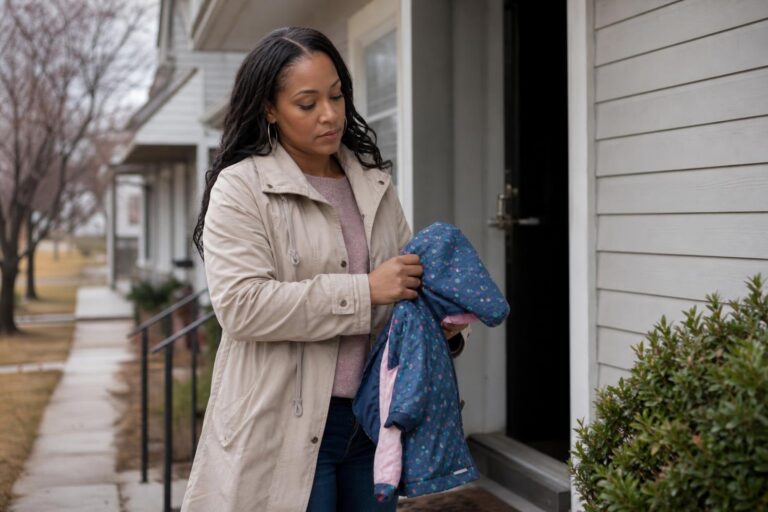 Reflective Black woman outside a family home holding a child’s jacket in overcast daylight.