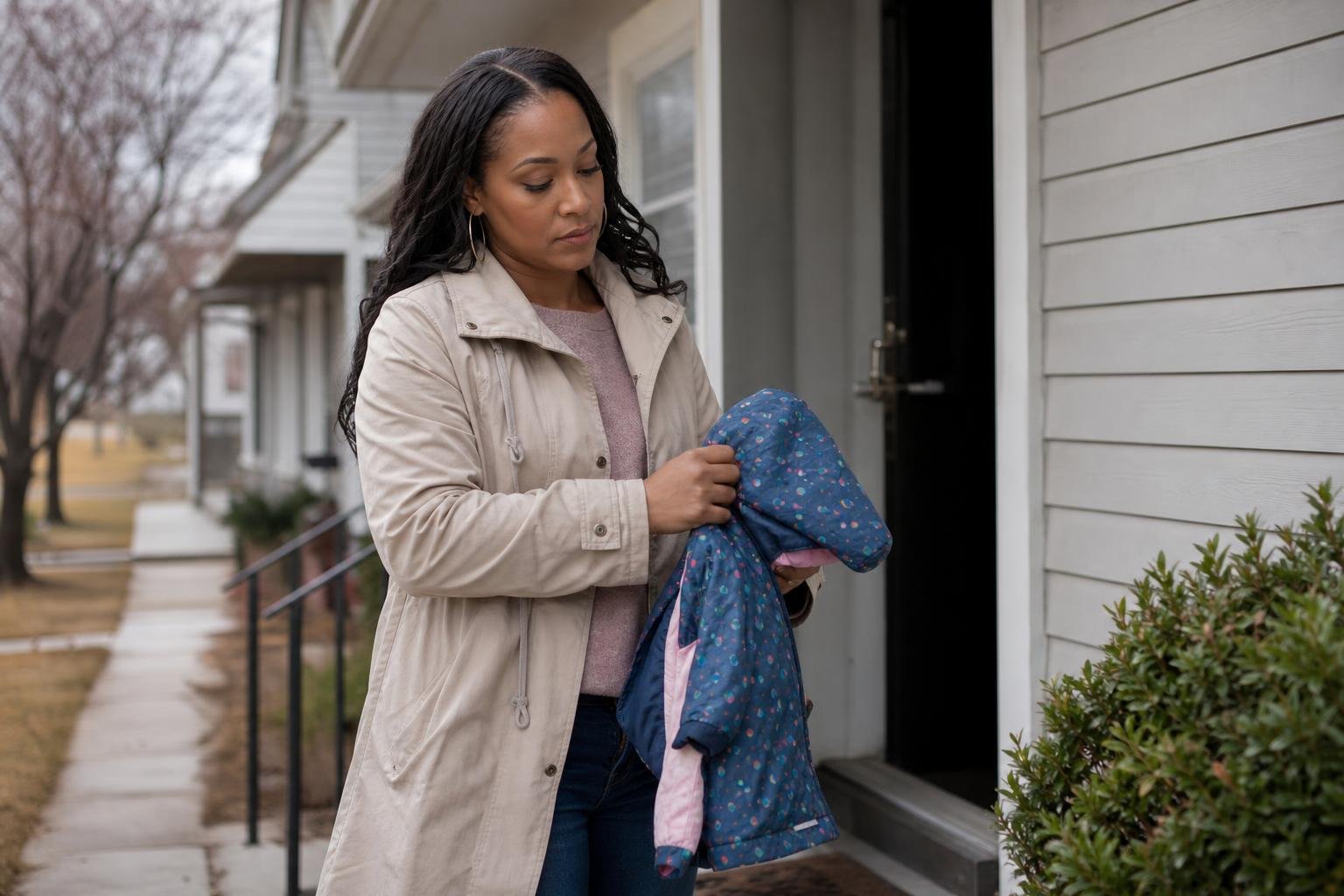 Reflective Black woman outside a family home holding a child’s jacket in overcast daylight.