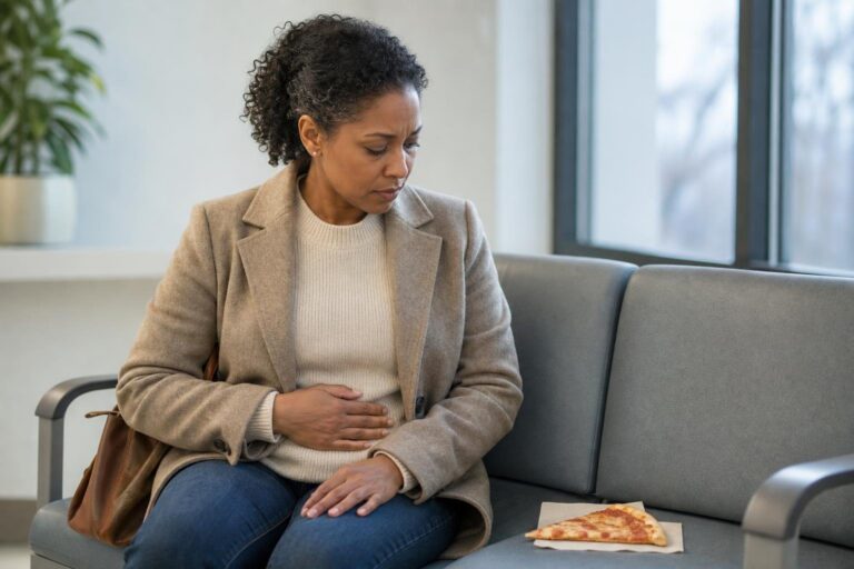 Woman concerned about lactose intolerance holds her stomach beside a slice of cheese pizza.