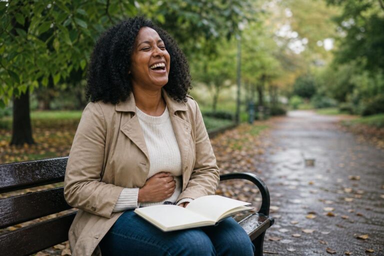 A Black woman caught in laughter over an open notebook in a park.