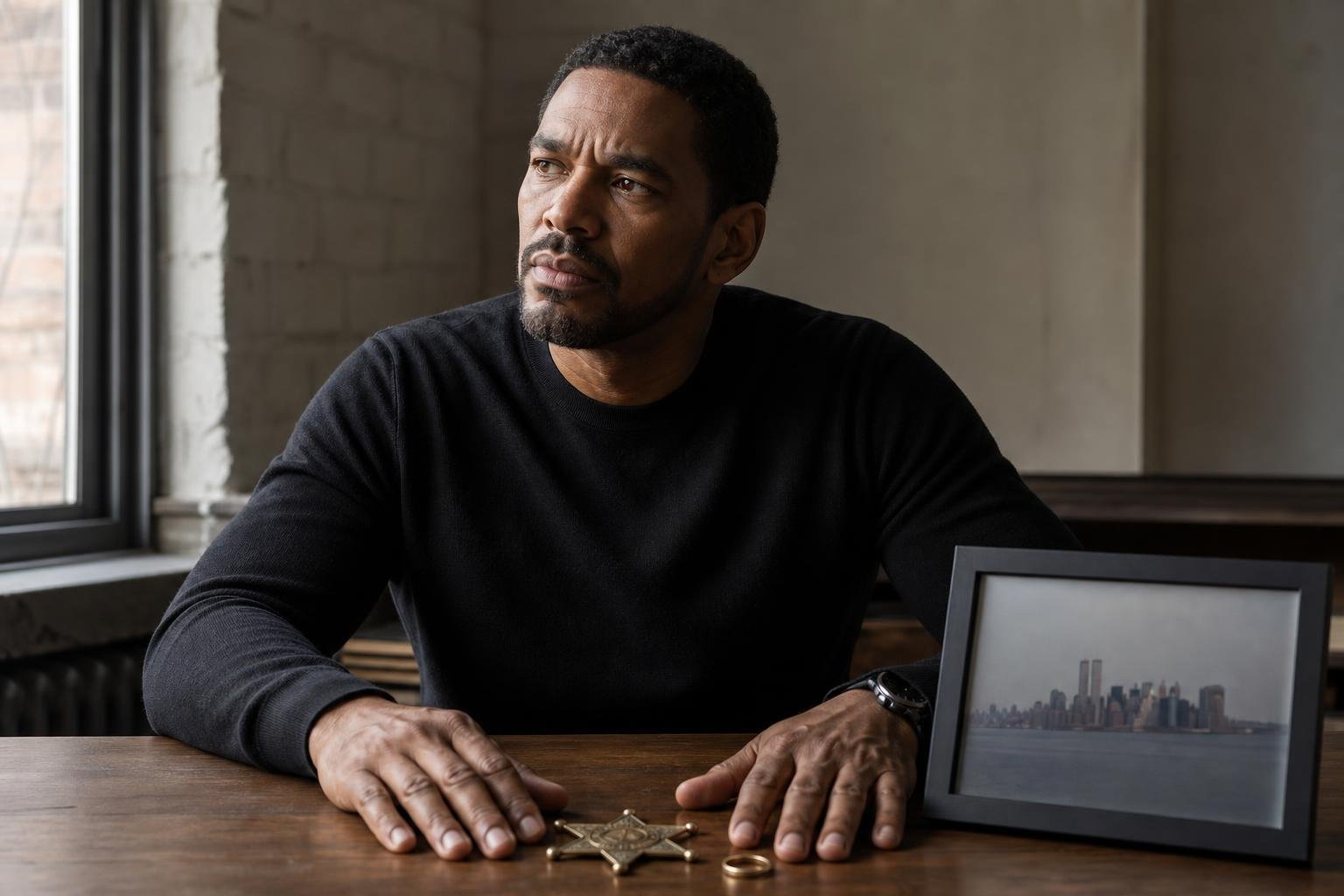 Laz Alonso sits at a desk with a sheriff’s badge, ring, and Manhattan photograph.