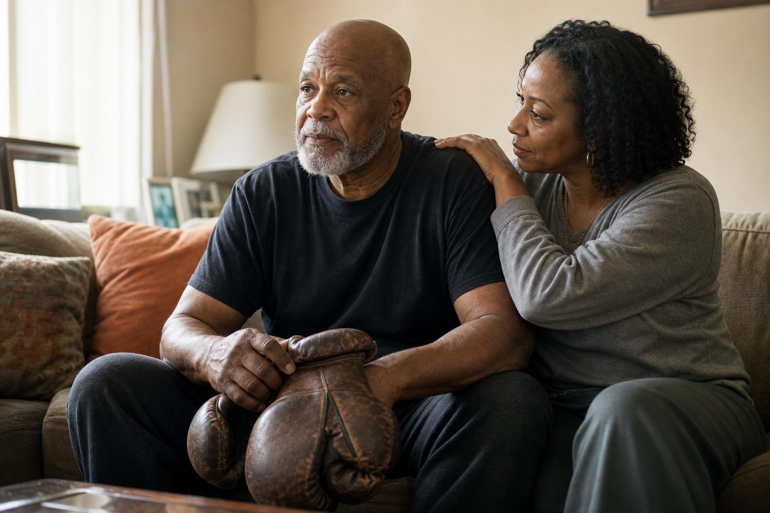 Older Black former boxer reflects quietly at home in a scene honoring liver cancer awareness.