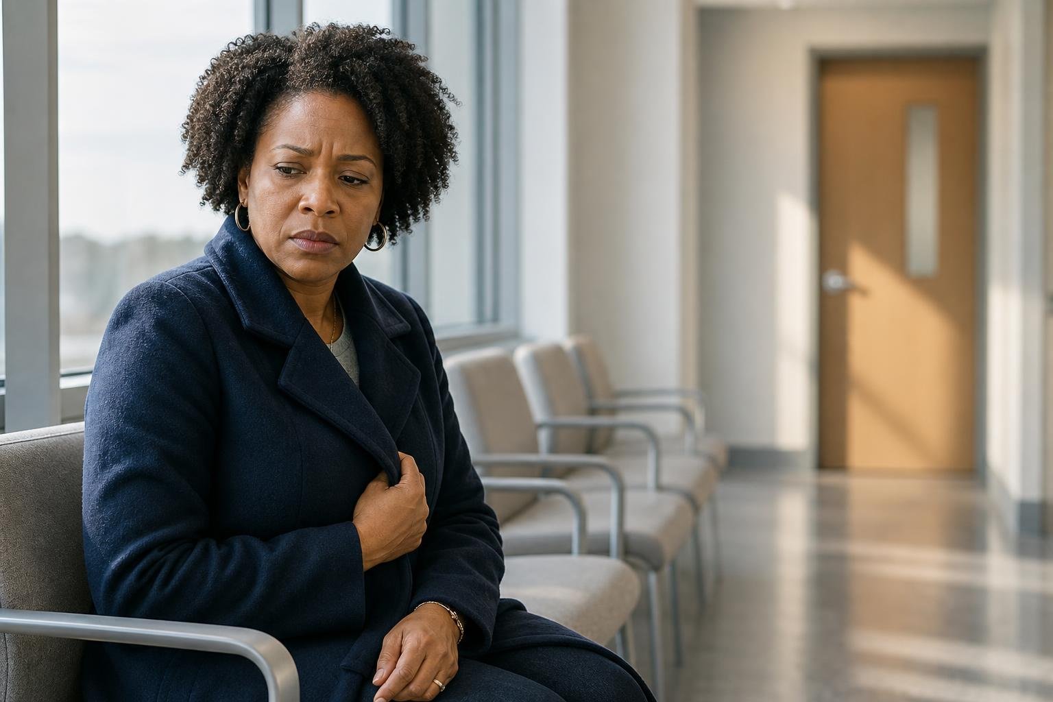 Black woman waits quietly in a clinic after follow-up testing for lupus biomarkers.