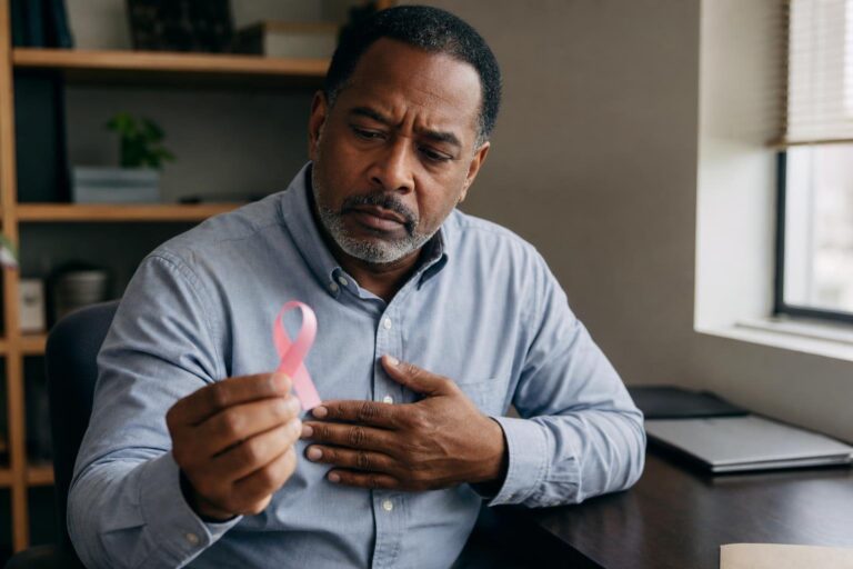 Black man holding a pink ribbon at a desk, reflecting on male breast cancer risk.