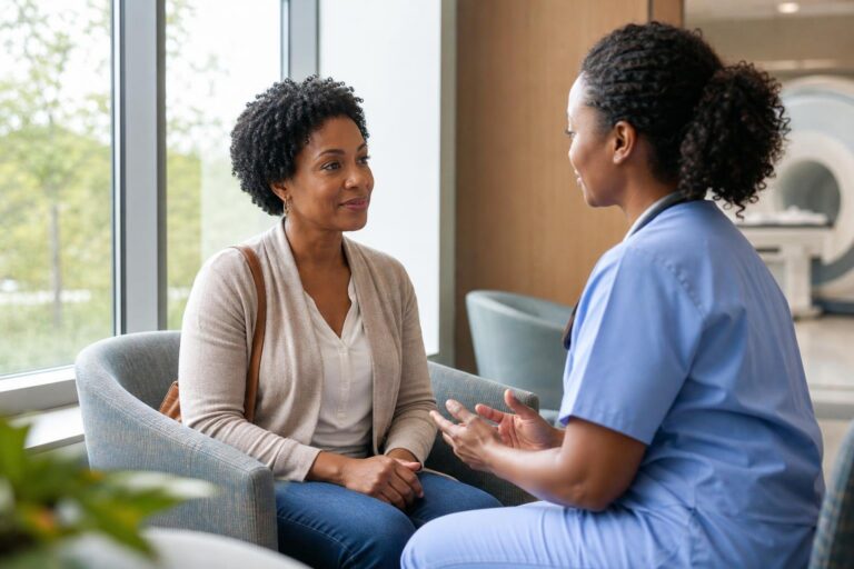 Black woman preparing for a mammogram consultation with a healthcare professional.